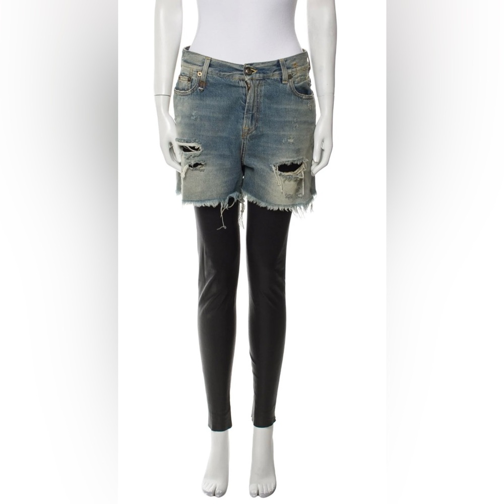 R13 distressed Jean short with attached leather leggings.
